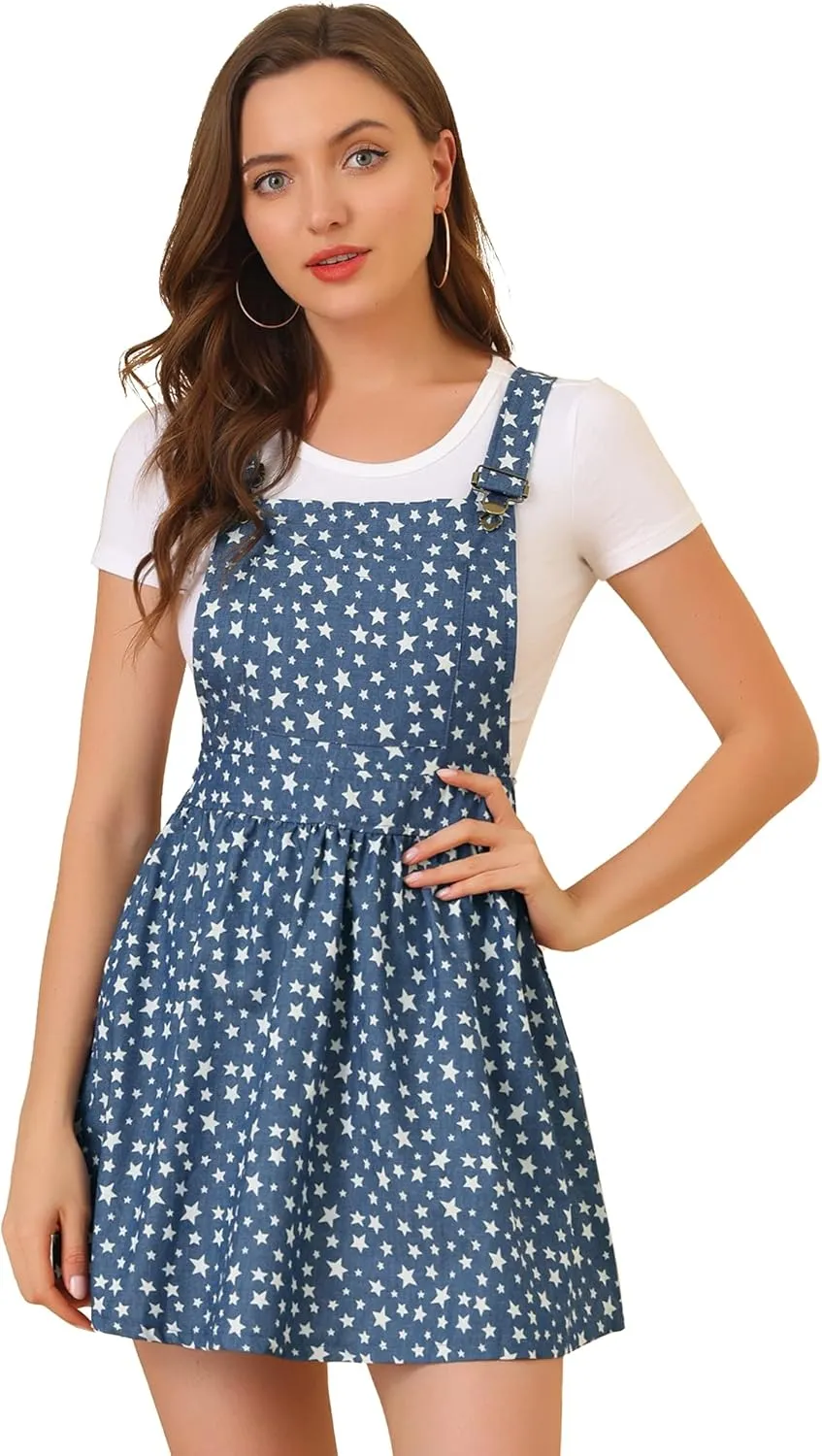 Allegra K Women's Casual Pinafore Dress Suspender Straps Pantern Chambray Mini Overall Dresses