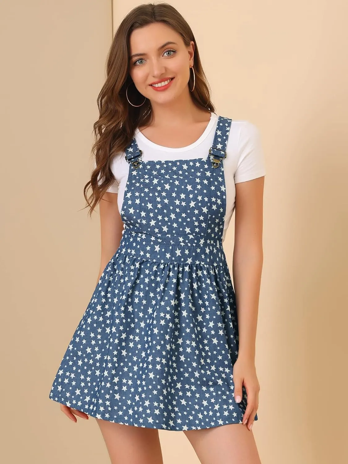 Allegra K Women's Casual Pinafore Dress Suspender Straps Pantern Chambray Mini Overall Dresses
