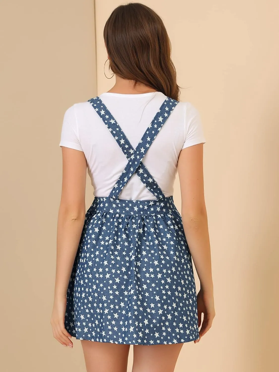 Allegra K Women's Casual Pinafore Dress Suspender Straps Pantern Chambray Mini Overall Dresses