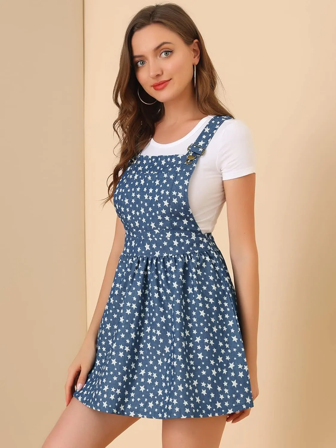 Allegra K Women's Casual Pinafore Dress Suspender Straps Pantern Chambray Mini Overall Dresses