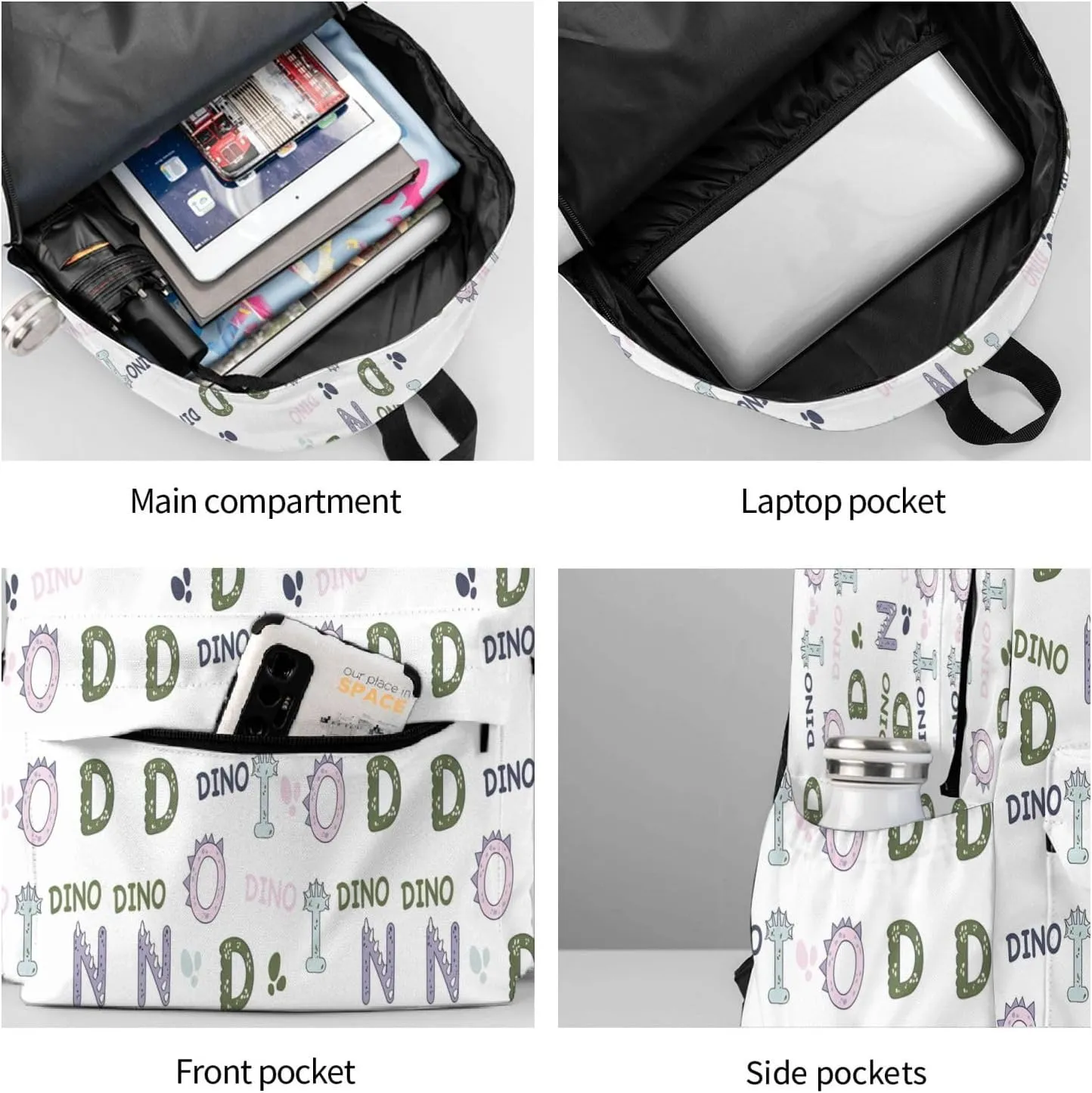 Alphabet Dinosaur Laptop Backpack Shoulder Bag Laptop Pack Travel Backpacks Commuter Back Pack Casual Daypack Bags With Side Pockets