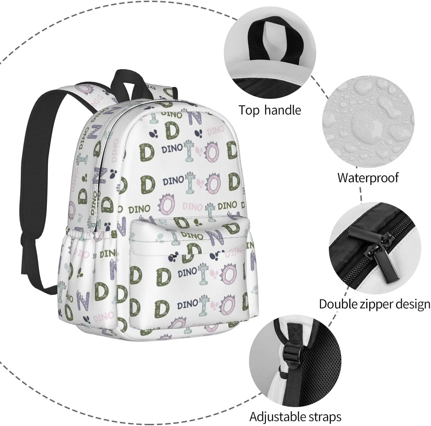 Alphabet Dinosaur Laptop Backpack Shoulder Bag Laptop Pack Travel Backpacks Commuter Back Pack Casual Daypack Bags With Side Pockets