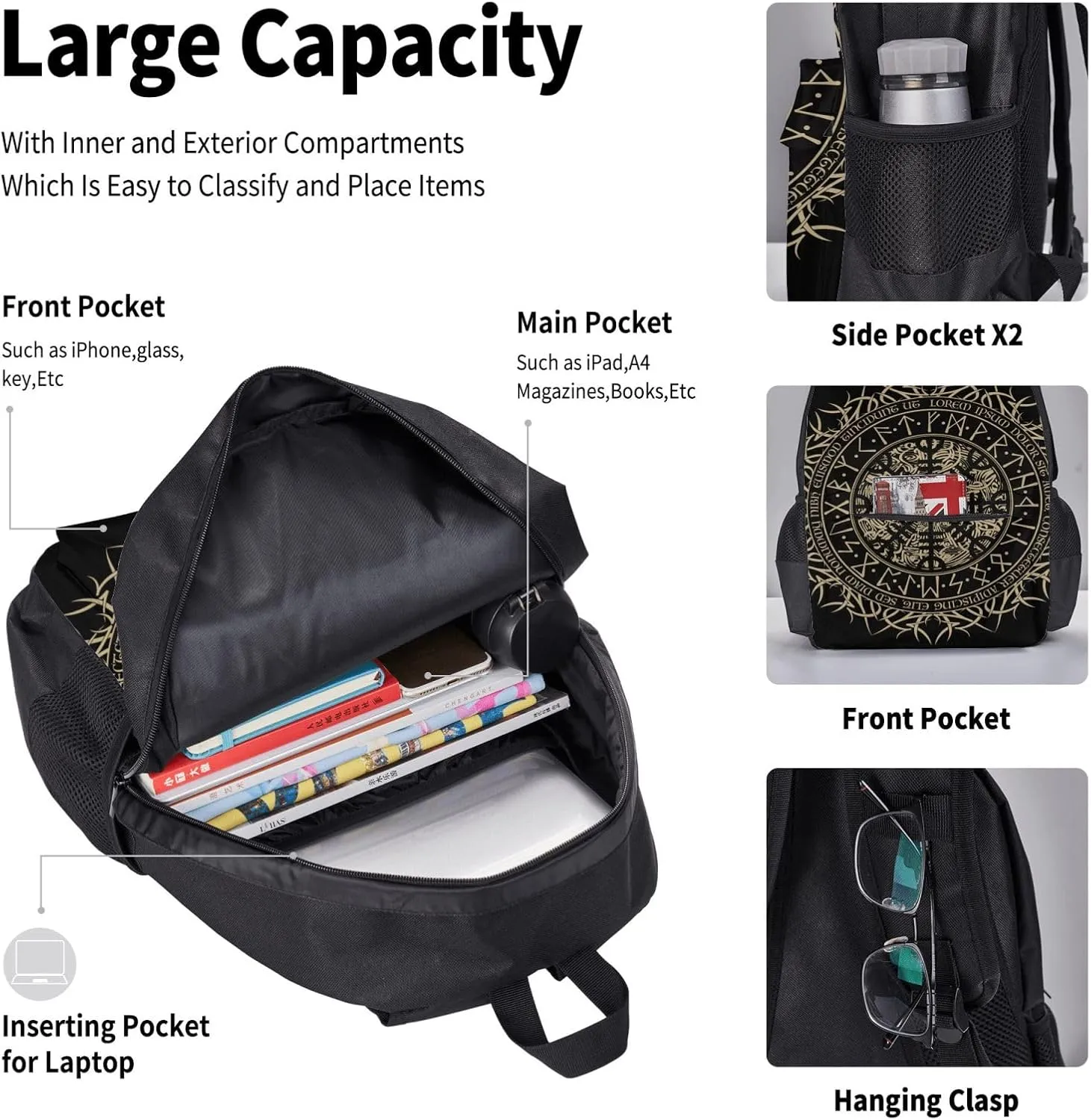 AMRANDOM Cool Norse Viking Vegvisir runic compass Backpack Travel Backpacks Set 3 pcs