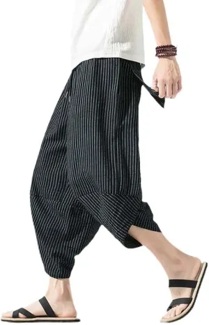 Aoleaky Autumn Harajuku Men Hip Hop Harem Pants Summer Trousers Mens Casual Pants Male Stripe Calf-Length Pants Chinese Style