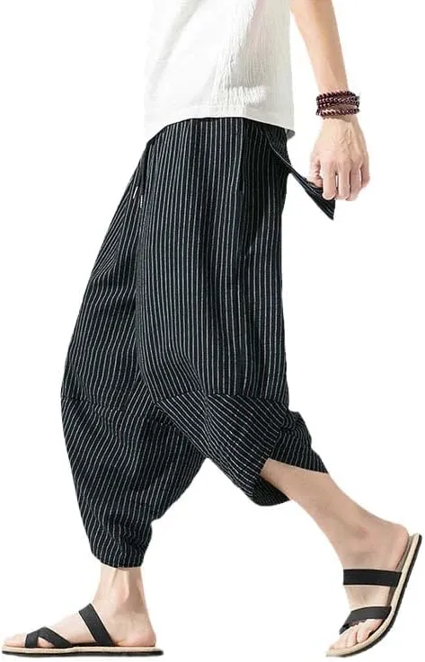 Aoleaky Autumn Harajuku Men Hip Hop Harem Pants Summer Trousers Mens Casual Pants Male Stripe Calf-Length Pants Chinese Style