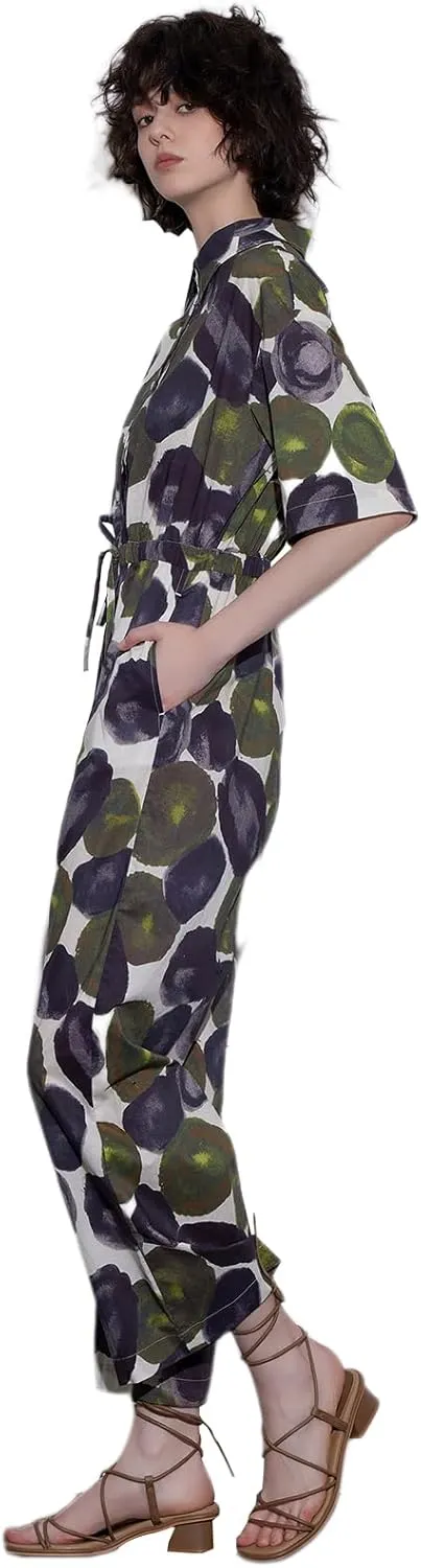 ASSUAL Women's Floral Short Sleeve Button Down Straight Wide Leg Cropped Jumpsuits Rompers with Pockets