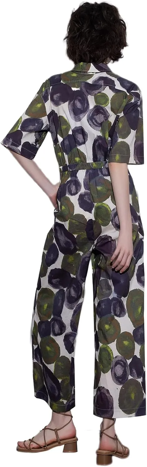 ASSUAL Women's Floral Short Sleeve Button Down Straight Wide Leg Cropped Jumpsuits Rompers with Pockets