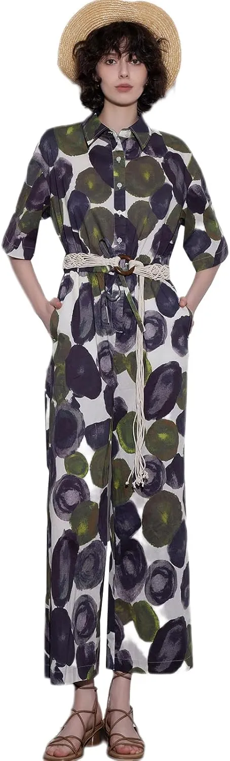 ASSUAL Women's Floral Short Sleeve Button Down Straight Wide Leg Cropped Jumpsuits Rompers with Pockets