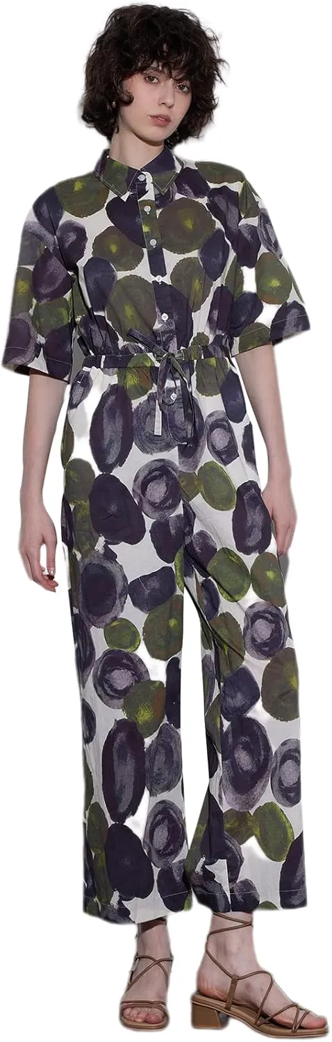 ASSUAL Women's Floral Short Sleeve Button Down Straight Wide Leg Cropped Jumpsuits Rompers with Pockets