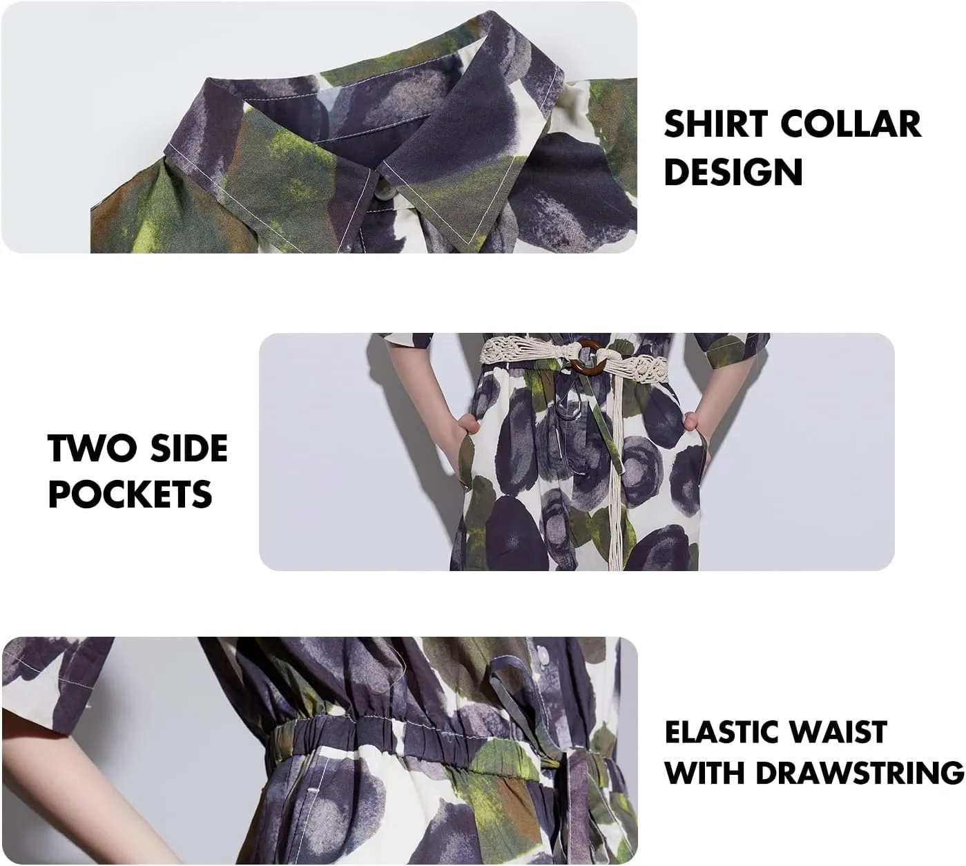 ASSUAL Women's Floral Short Sleeve Button Down Straight Wide Leg Cropped Jumpsuits Rompers with Pockets