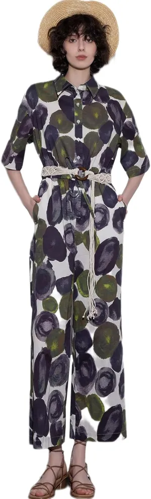 ASSUAL Women's Floral Short Sleeve Button Down Straight Wide Leg Cropped Jumpsuits Rompers with Pockets