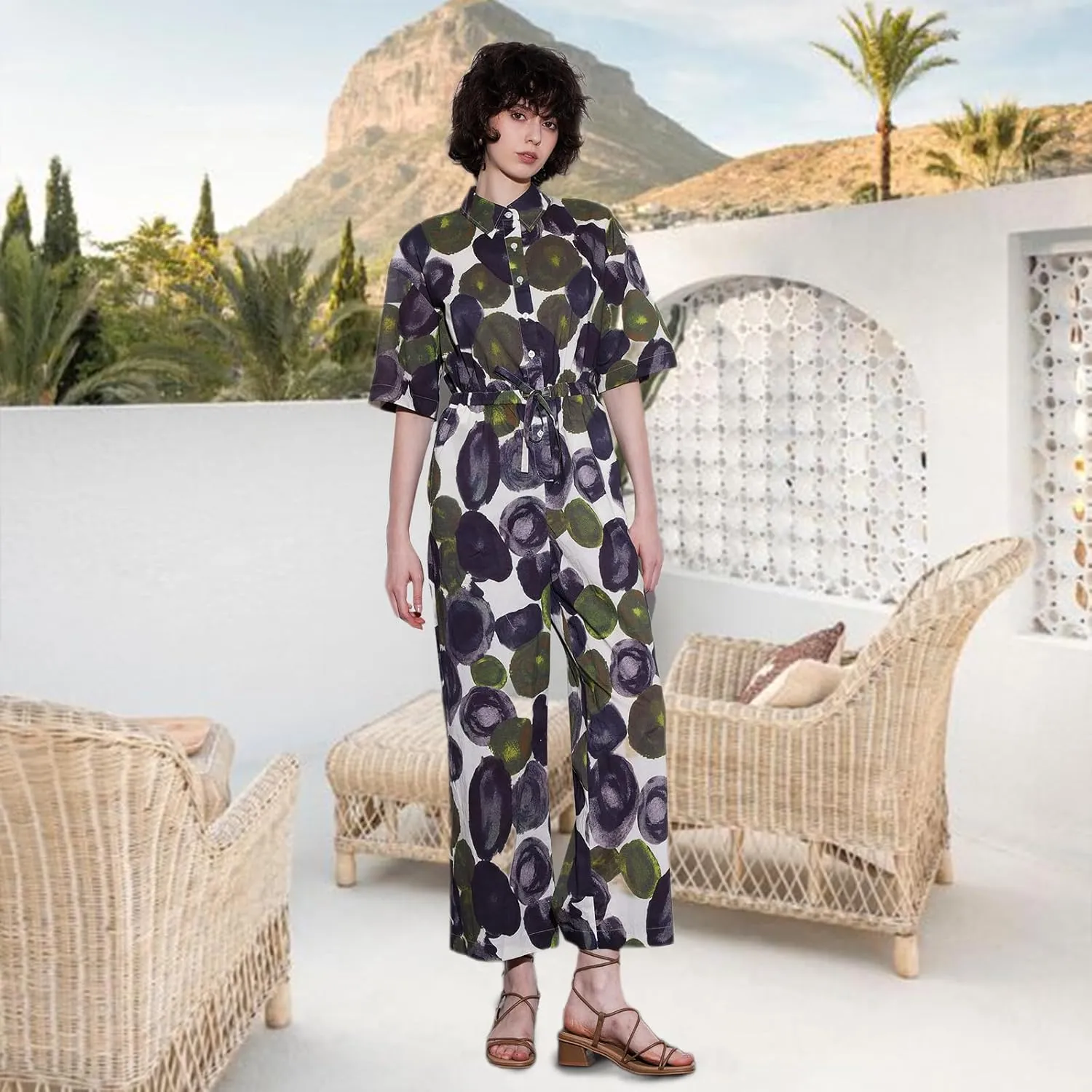 ASSUAL Women's Floral Short Sleeve Button Down Straight Wide Leg Cropped Jumpsuits Rompers with Pockets