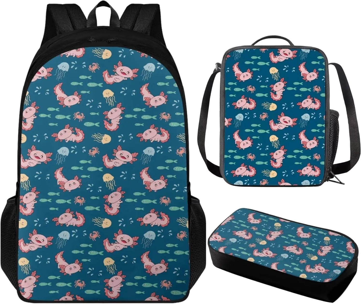 Axolotl Print Girls Backpacks Ages 6-8 with Lunchbox Cute Kids Backpack Teens Toddler 3 Pcs Bookbag Set Personalized School Bag for Travel School Hiking for Primary Elementary