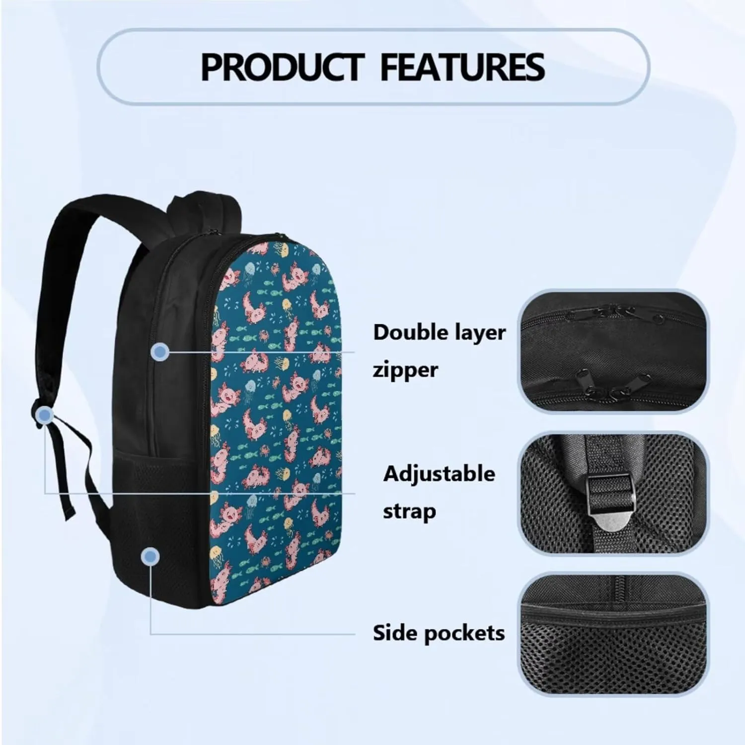 Axolotl Print Girls Backpacks Ages 6-8 with Lunchbox Cute Kids Backpack Teens Toddler 3 Pcs Bookbag Set Personalized School Bag for Travel School Hiking for Primary Elementary