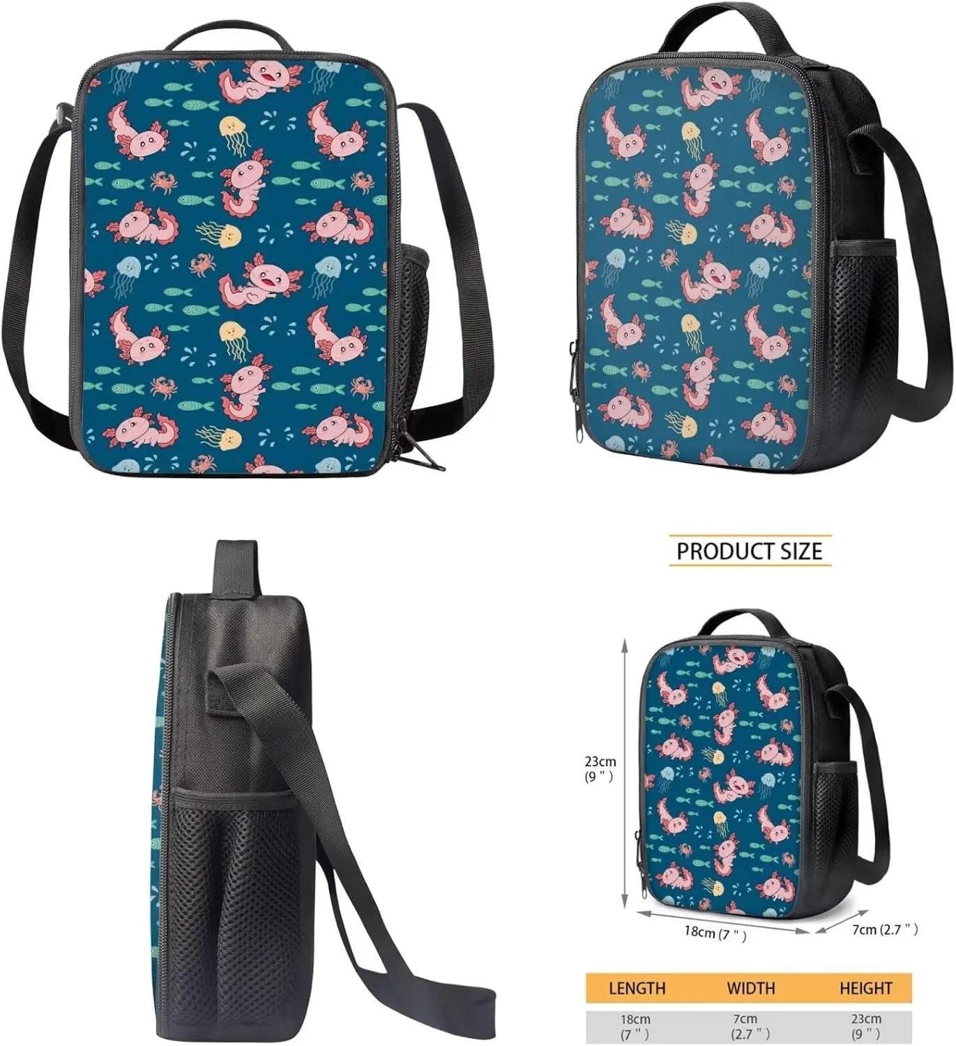 Axolotl Print Girls Backpacks Ages 6-8 with Lunchbox Cute Kids Backpack Teens Toddler 3 Pcs Bookbag Set Personalized School Bag for Travel School Hiking for Primary Elementary