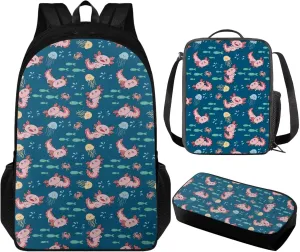 Axolotl Print Girls Backpacks Ages 6-8 with Lunchbox Cute Kids Backpack Teens Toddler 3 Pcs Bookbag Set Personalized School Bag for Travel School Hiking for Primary Elementary