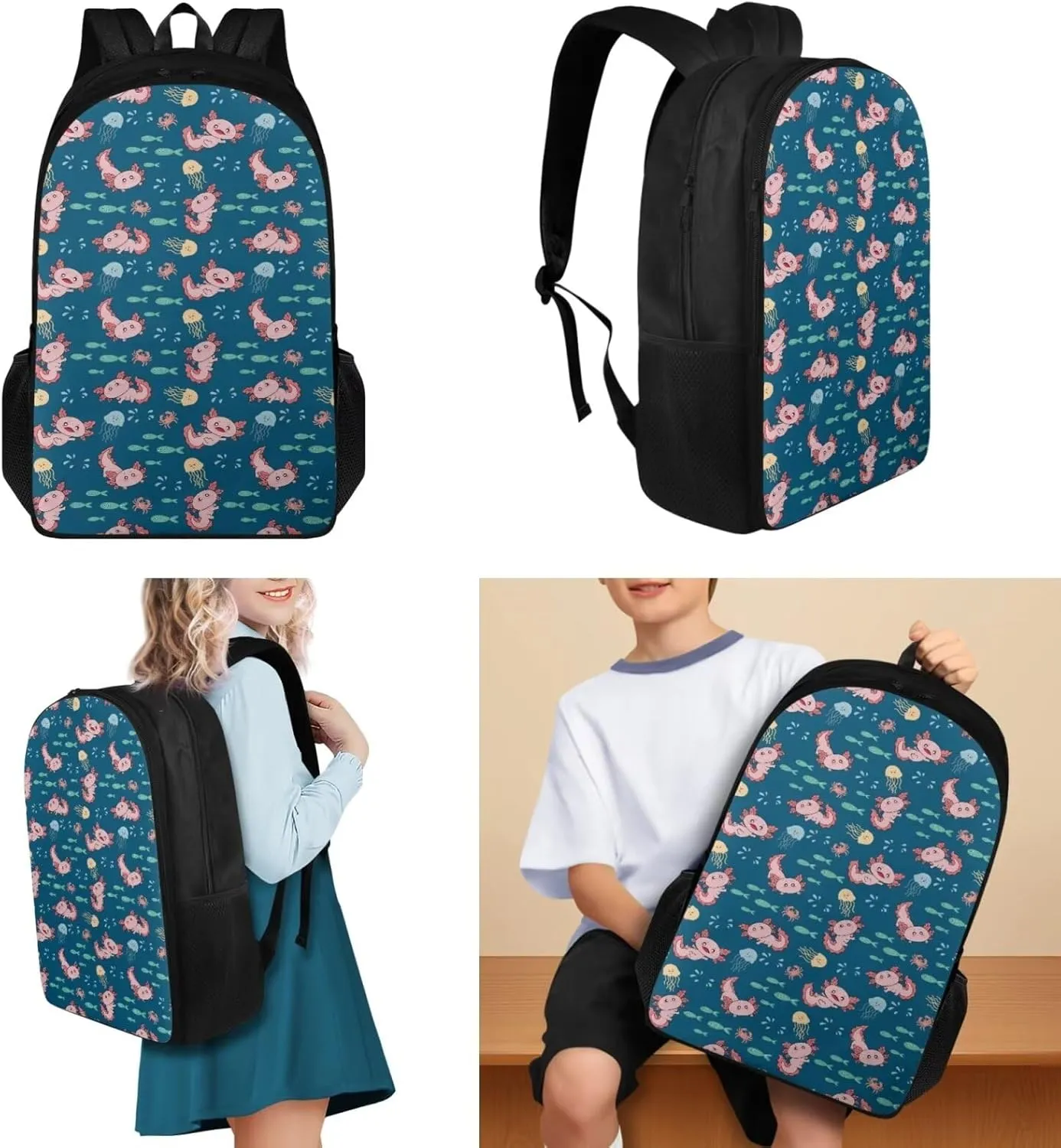 Axolotl Print Girls Backpacks Ages 6-8 with Lunchbox Cute Kids Backpack Teens Toddler 3 Pcs Bookbag Set Personalized School Bag for Travel School Hiking for Primary Elementary