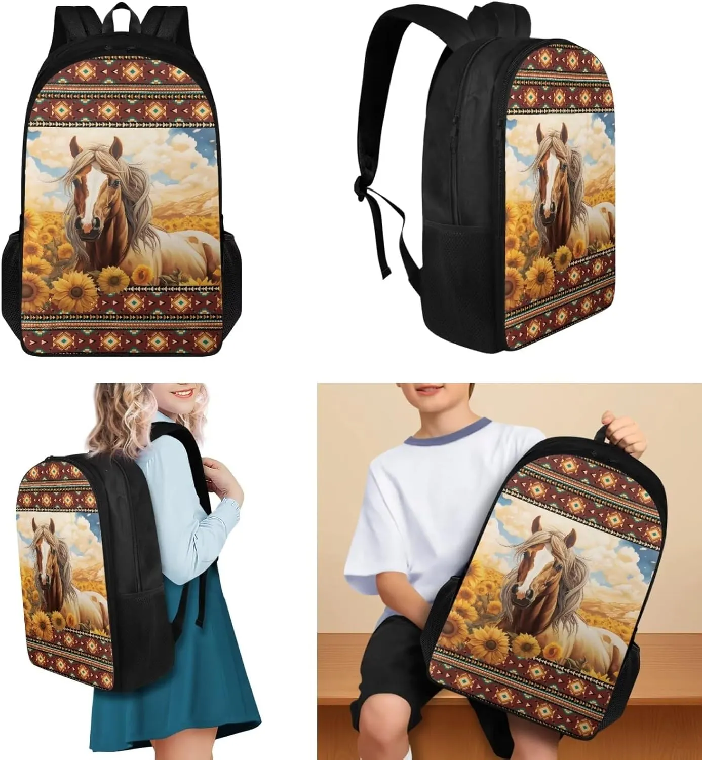 Aztec Horse School Backpack Boys 10-12 Heavy Duty Cool Teen Backpacks for Boys Bookbag Insulated Lunch Box Pencil Case Backpack Set of 3Pcs Bookbag for Primary Middle School