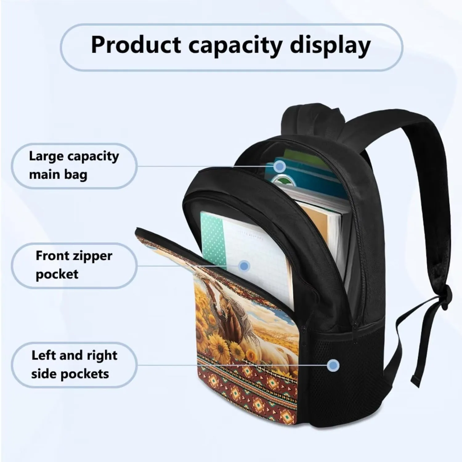 Aztec Horse School Backpack Boys 10-12 Heavy Duty Cool Teen Backpacks for Boys Bookbag Insulated Lunch Box Pencil Case Backpack Set of 3Pcs Bookbag for Primary Middle School