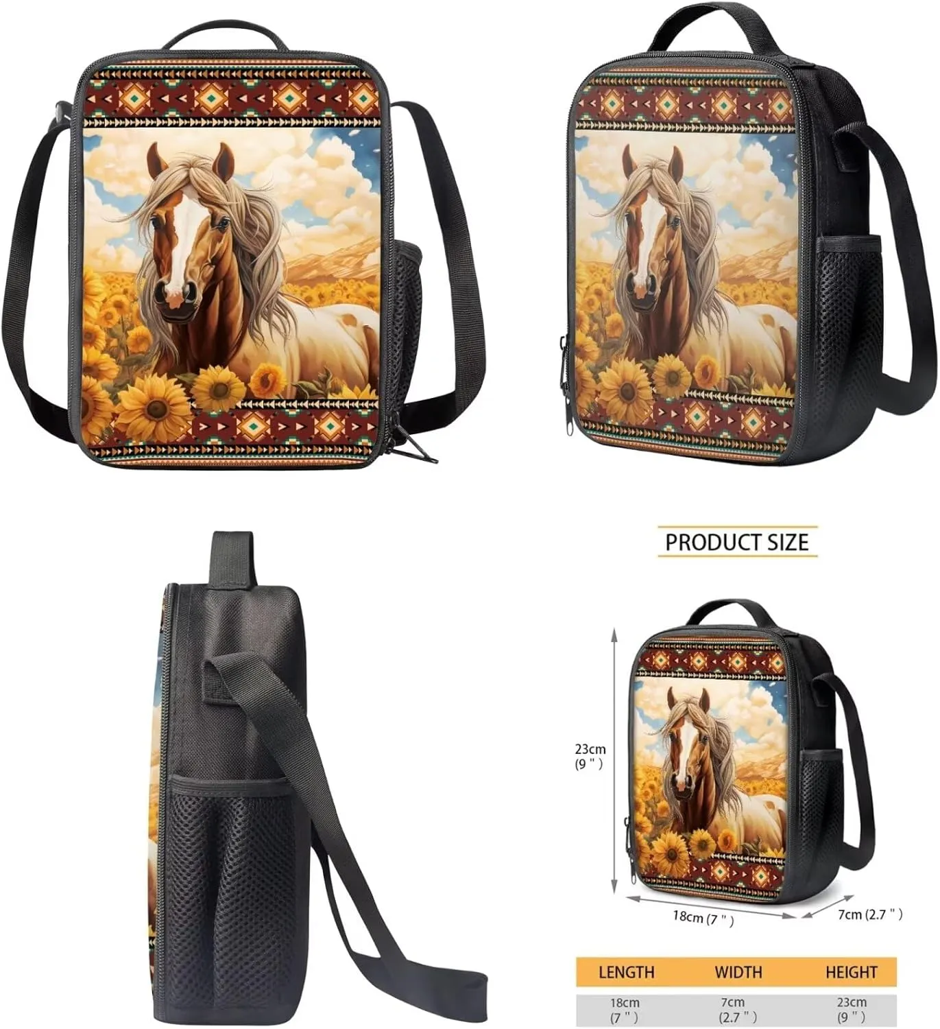 Aztec Horse School Backpack Boys 10-12 Heavy Duty Cool Teen Backpacks for Boys Bookbag Insulated Lunch Box Pencil Case Backpack Set of 3Pcs Bookbag for Primary Middle School