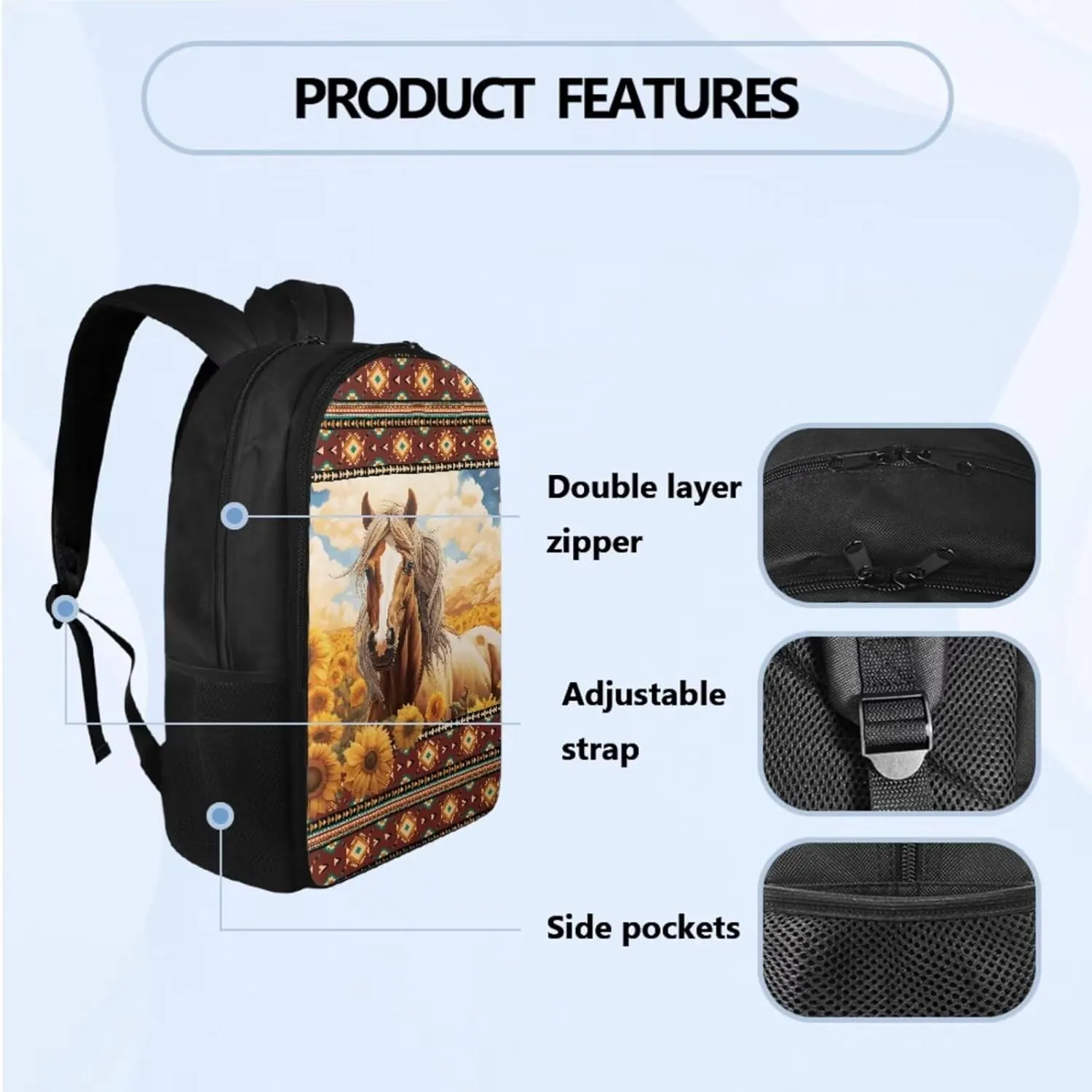 Aztec Horse School Backpack Boys 10-12 Heavy Duty Cool Teen Backpacks for Boys Bookbag Insulated Lunch Box Pencil Case Backpack Set of 3Pcs Bookbag for Primary Middle School