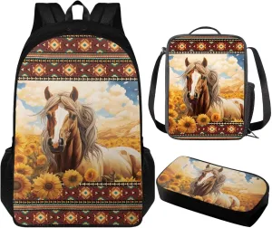 Aztec Horse School Backpack Boys 10-12 Heavy Duty Cool Teen Backpacks for Boys Bookbag Insulated Lunch Box Pencil Case Backpack Set of 3Pcs Bookbag for Primary Middle School
