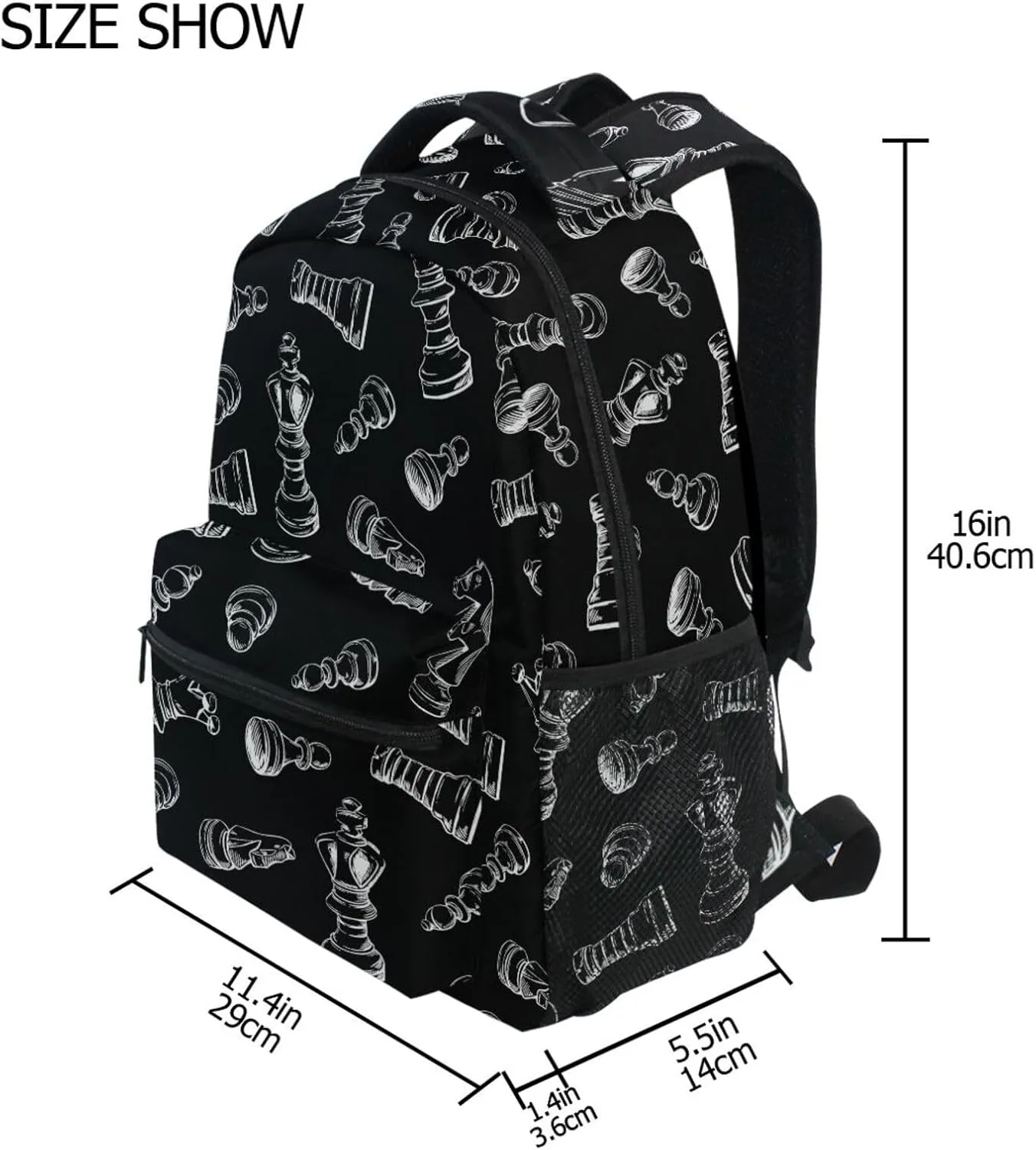 Backpack Black Chess Bookbag Daypack Travel Hiking Camping School Laptop Bag