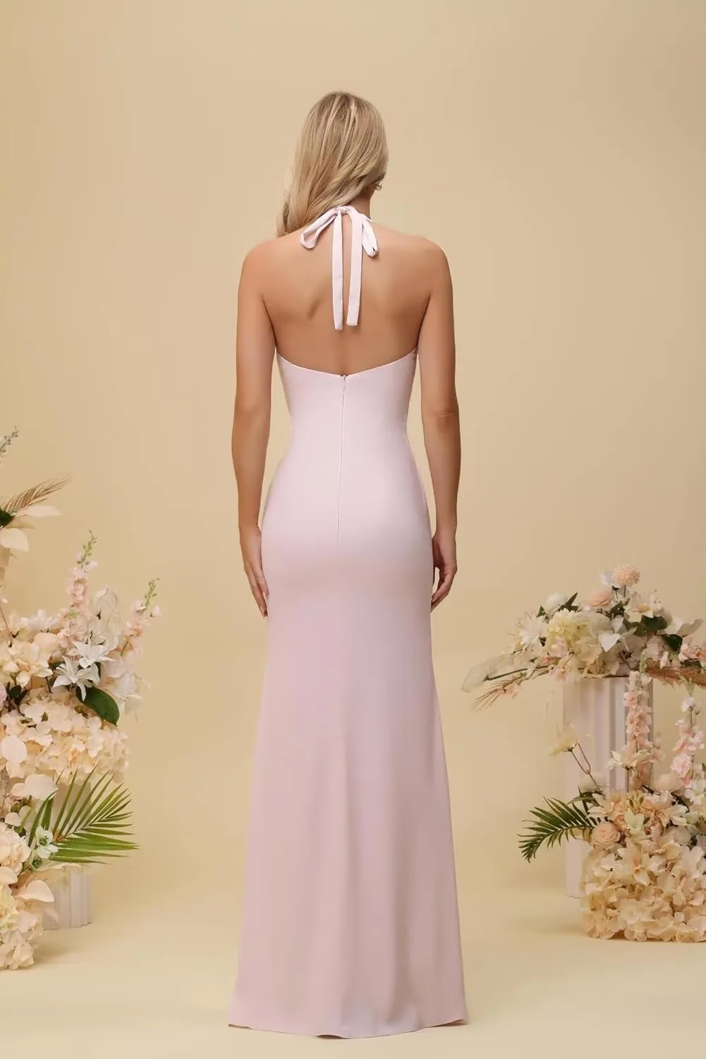 Basgute Satin Halter Bridesmaid Dress for Women Long Mermaid Ruched Maxi Formal Prom Evening Cocktail Gown