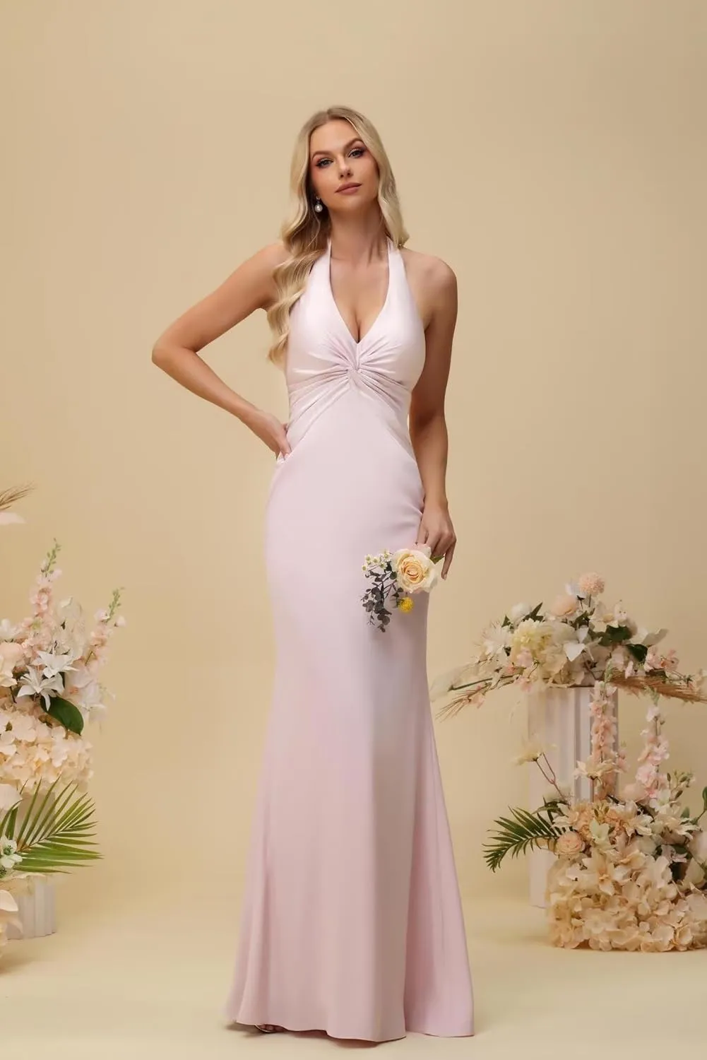 Basgute Satin Halter Bridesmaid Dress for Women Long Mermaid Ruched Maxi Formal Prom Evening Cocktail Gown