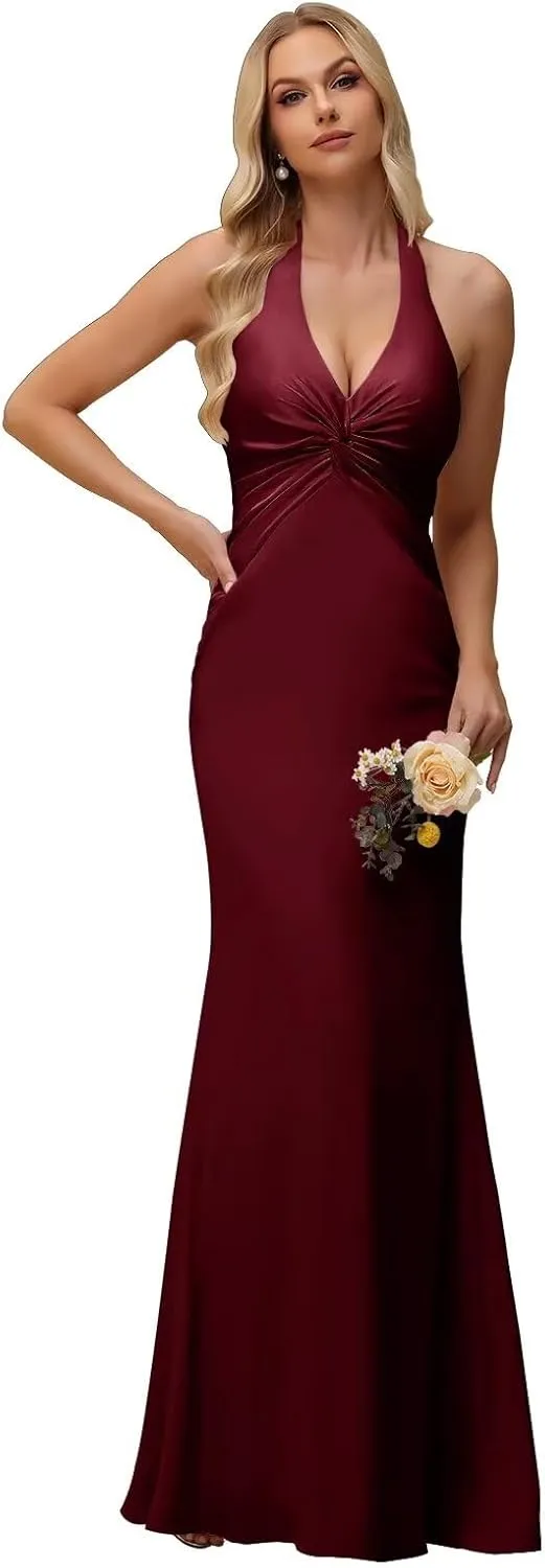 Basgute Satin Halter Bridesmaid Dress for Women Long Mermaid Ruched Maxi Formal Prom Evening Cocktail Gown