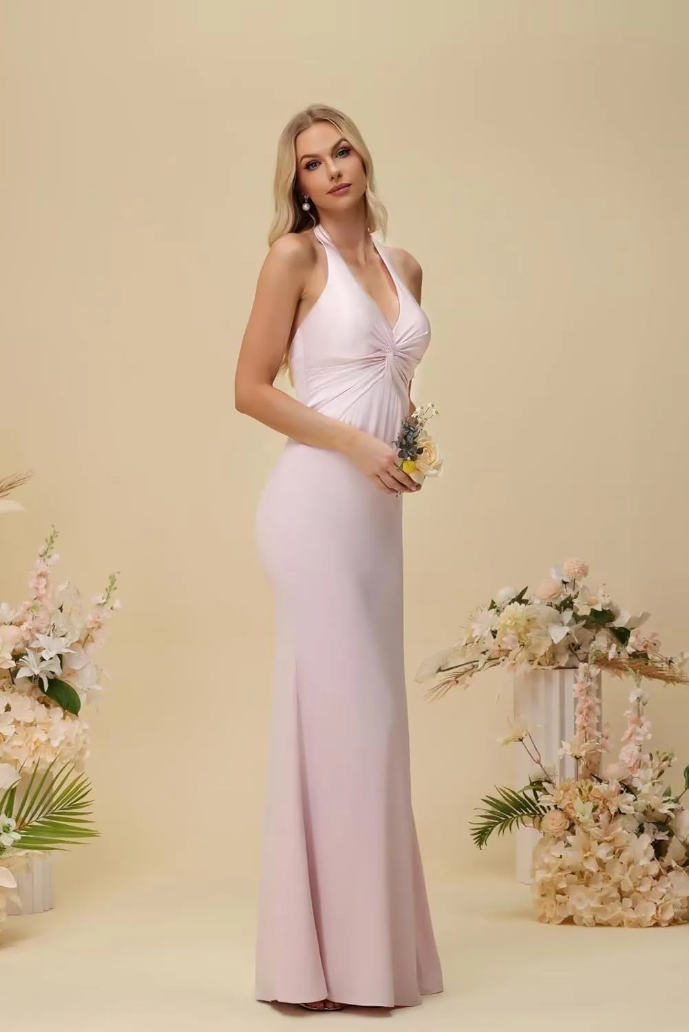 Basgute Satin Halter Bridesmaid Dress for Women Long Mermaid Ruched Maxi Formal Prom Evening Cocktail Gown
