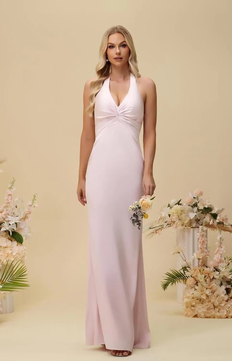 Basgute Satin Halter Bridesmaid Dress for Women Long Mermaid Ruched Maxi Formal Prom Evening Cocktail Gown