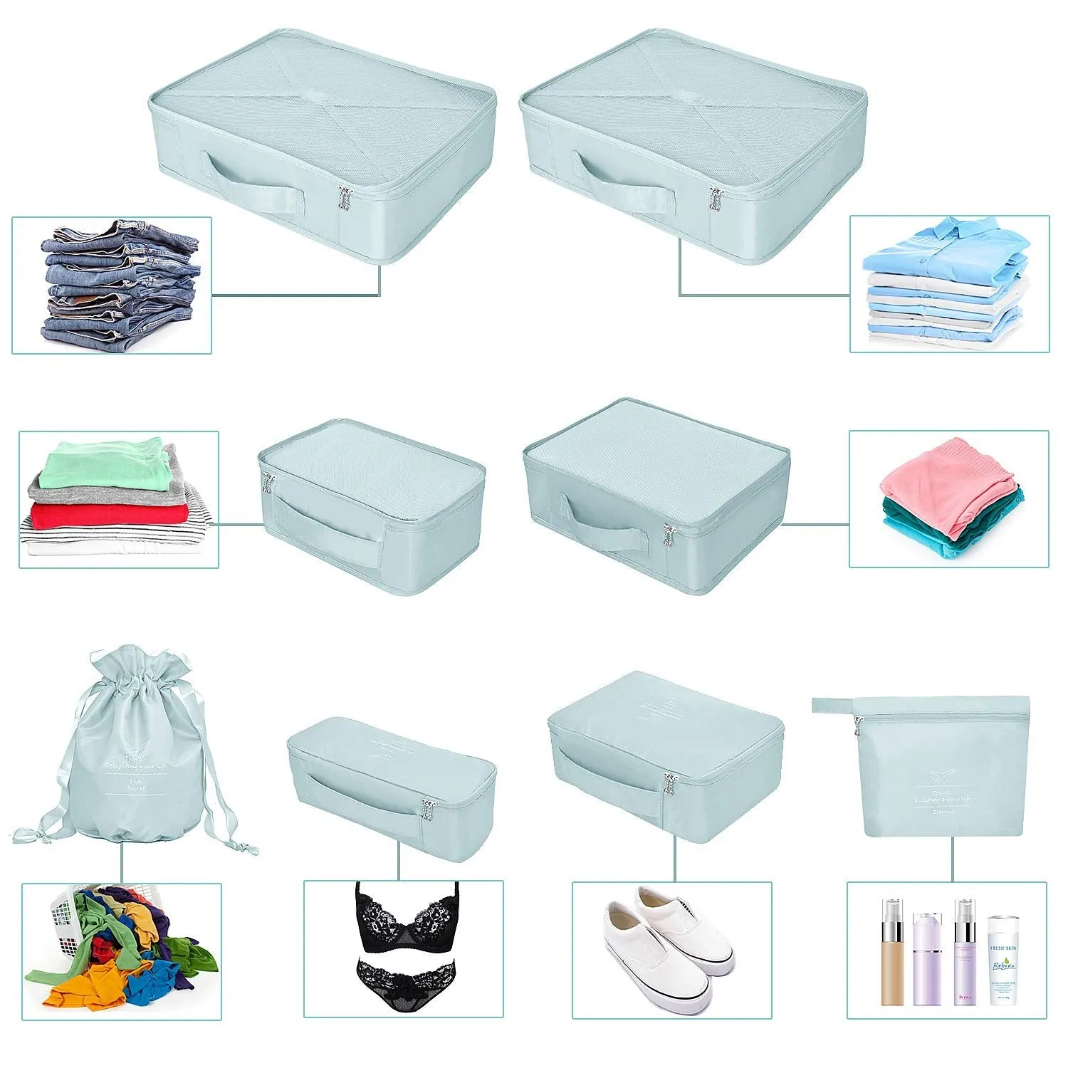 BETLLEMORY Packing Cubes 8 Sets Travel Luggage Organizers with Waterproof Shoe Storage Bag Compression Pouches(Blue Grey) Blue Grey