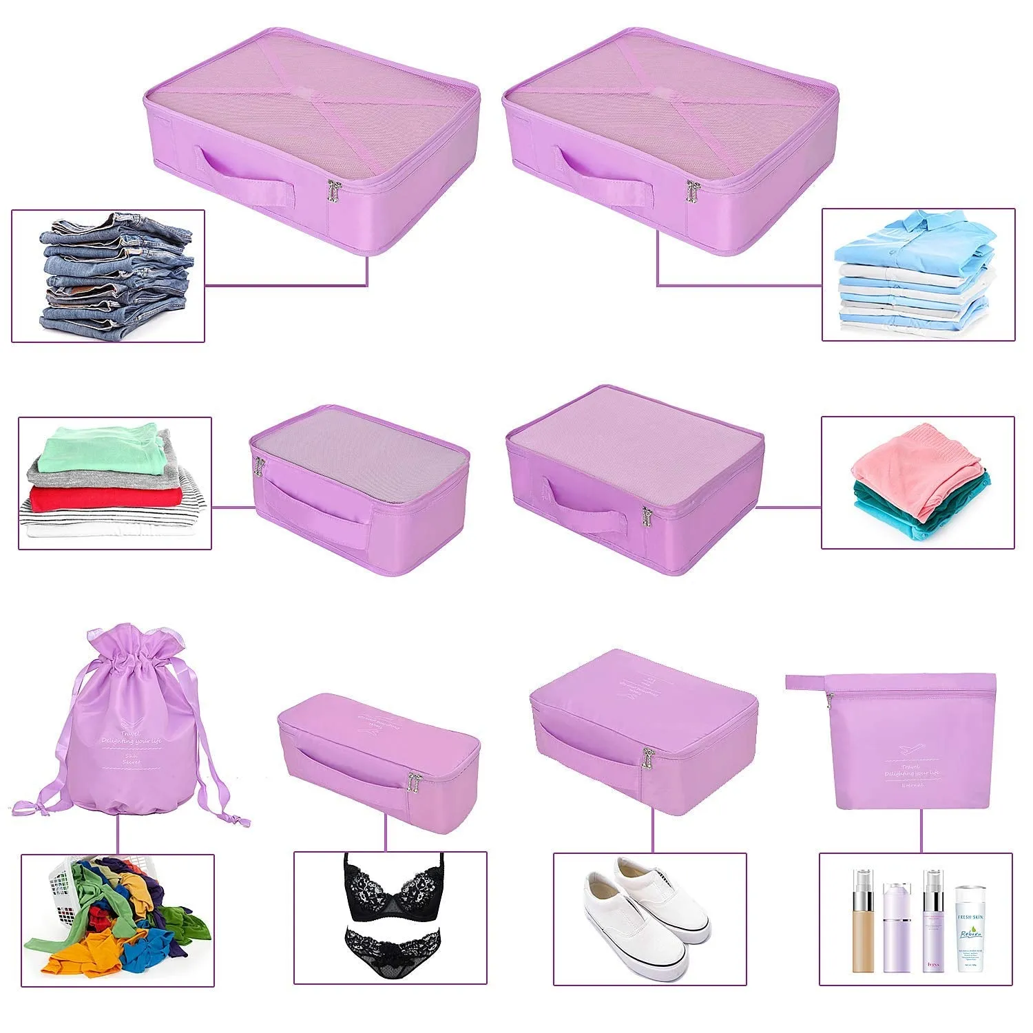 BETLLEMORY Packing Cubes 8 Sets Travel Luggage Organizers with Waterproof Shoe Storage Bag Compression Pouches(Purple) Purple