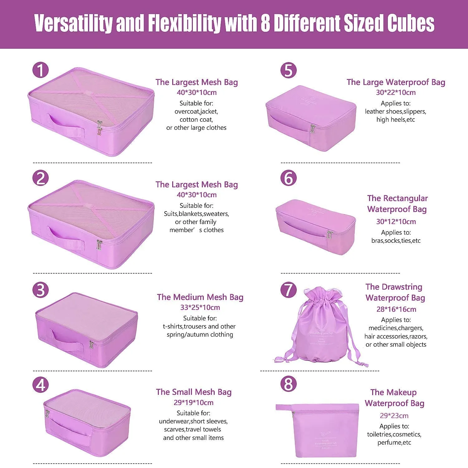 BETLLEMORY Packing Cubes 8 Sets Travel Luggage Organizers with Waterproof Shoe Storage Bag Compression Pouches(Purple) Purple