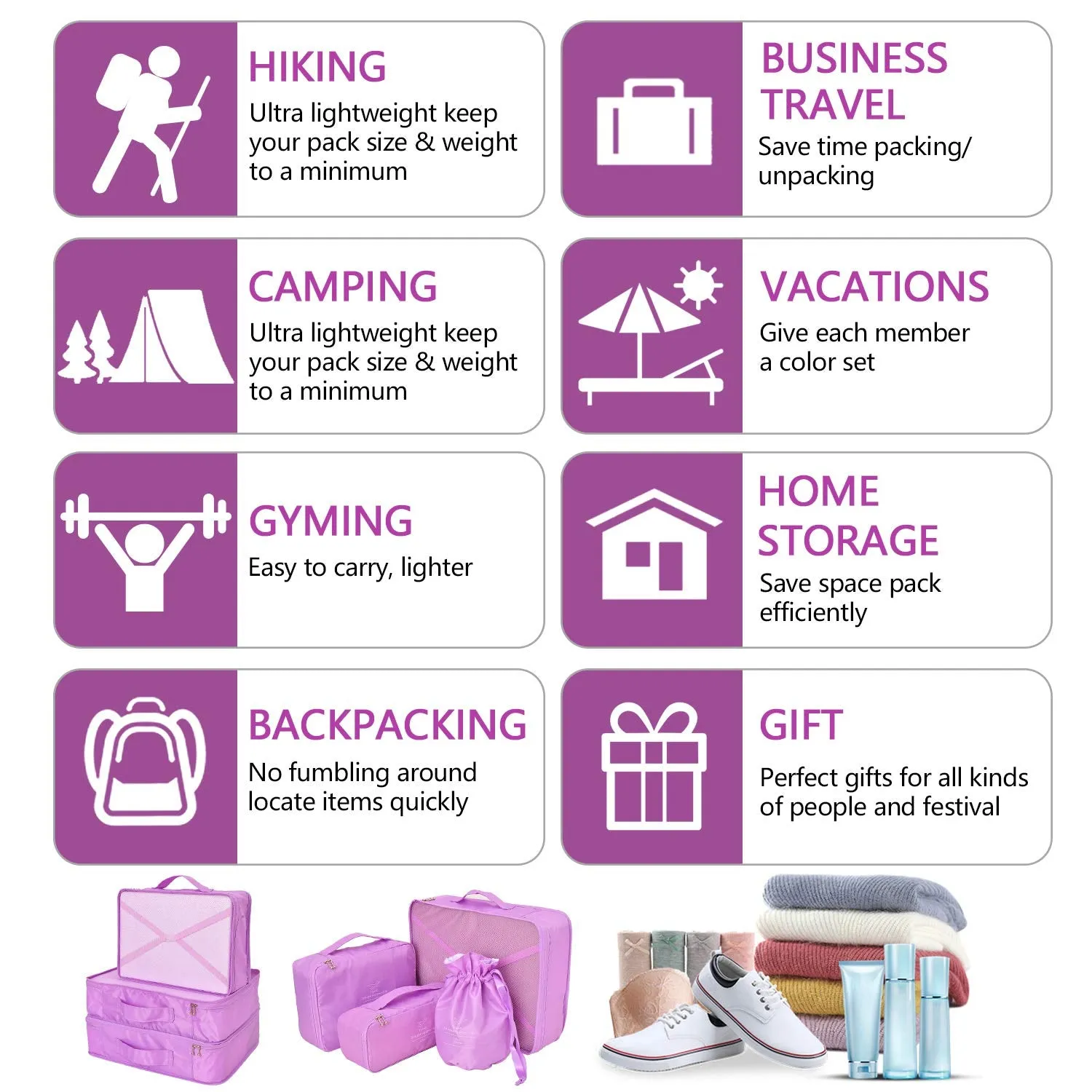 BETLLEMORY Packing Cubes 8 Sets Travel Luggage Organizers with Waterproof Shoe Storage Bag Compression Pouches(Purple) Purple