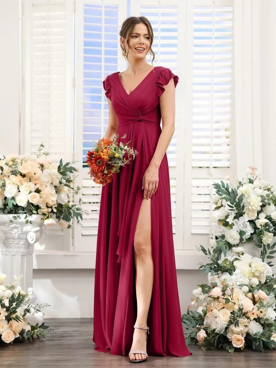 BITALY Women's Ruffled Chiffon Bridesmaid Dresses Long V Neck Pleated Formal Wedding Party Dress with Slit BI020