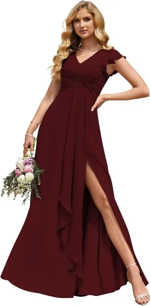 BITALY Women's Ruffled Chiffon Bridesmaid Dresses Long V Neck Pleated Formal Wedding Party Dress with Slit BI020