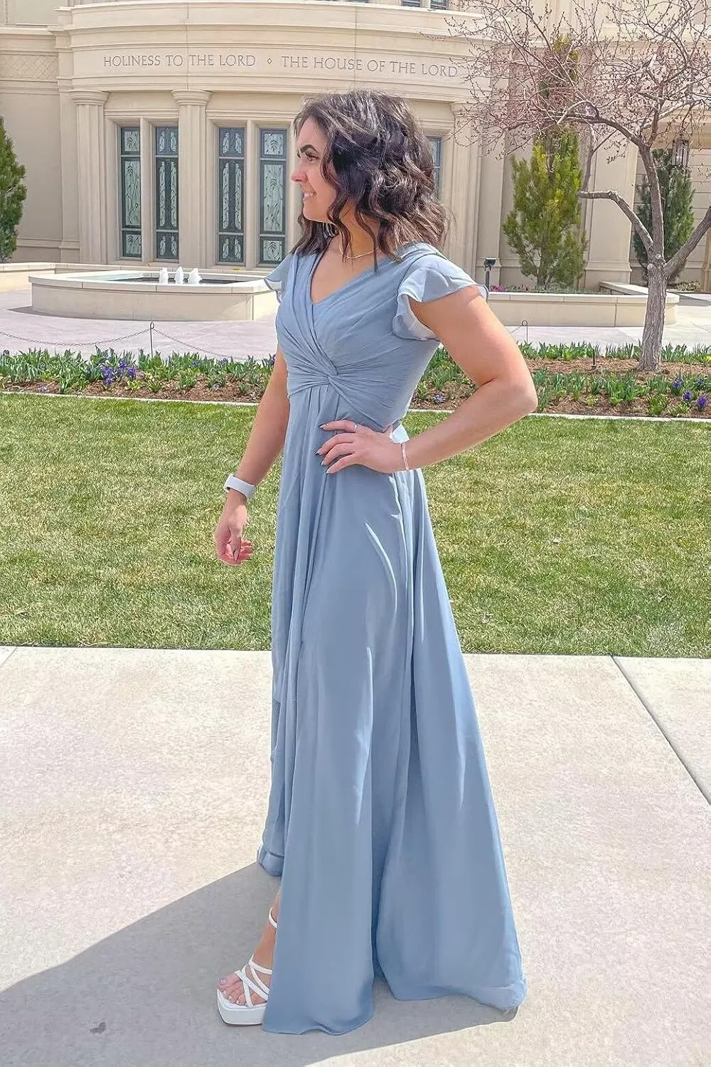 BITALY Women's Ruffled Chiffon Bridesmaid Dresses Long V Neck Pleated Formal Wedding Party Dress with Slit BI020
