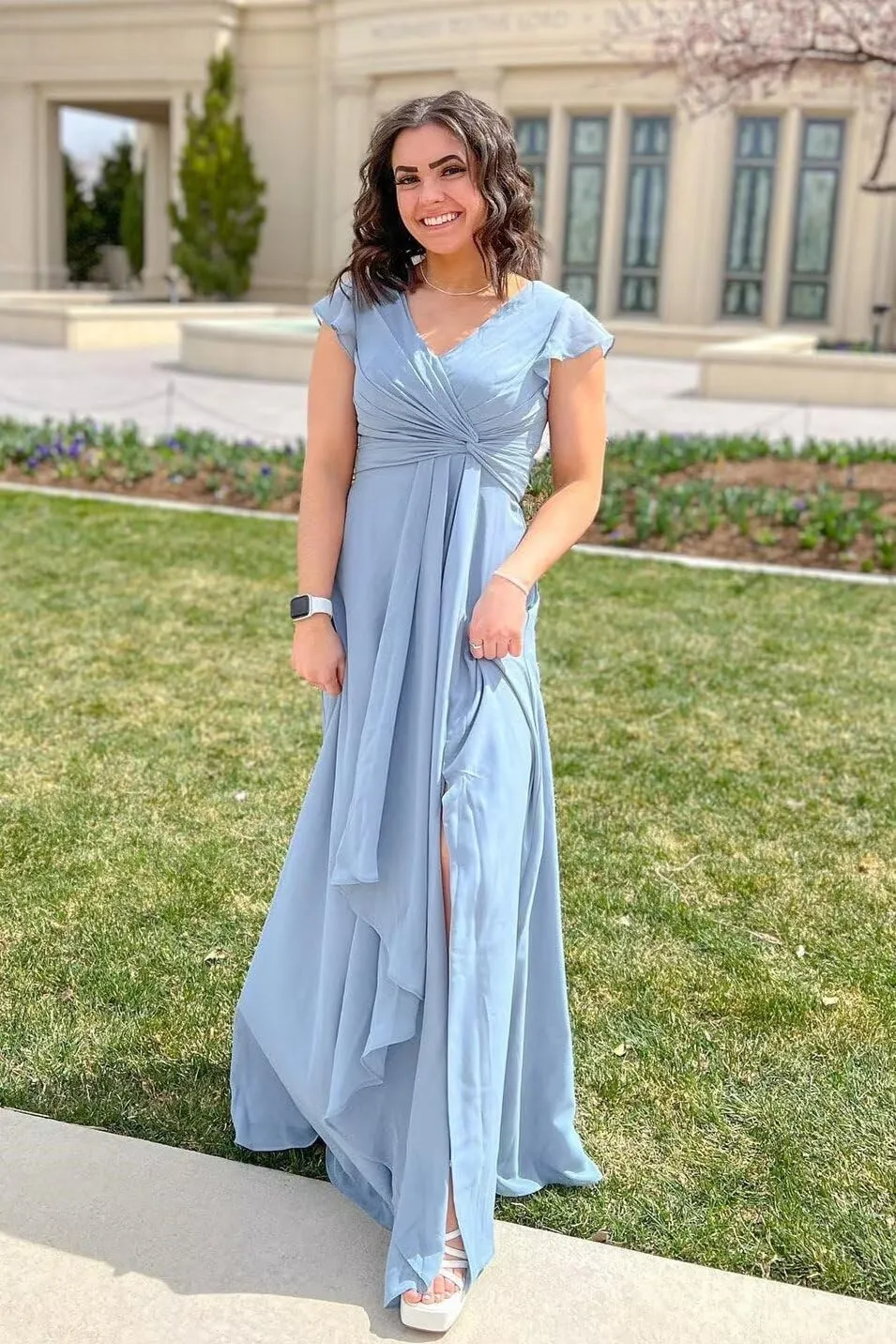 BITALY Women's Ruffled Chiffon Bridesmaid Dresses Long V Neck Pleated Formal Wedding Party Dress with Slit BI020