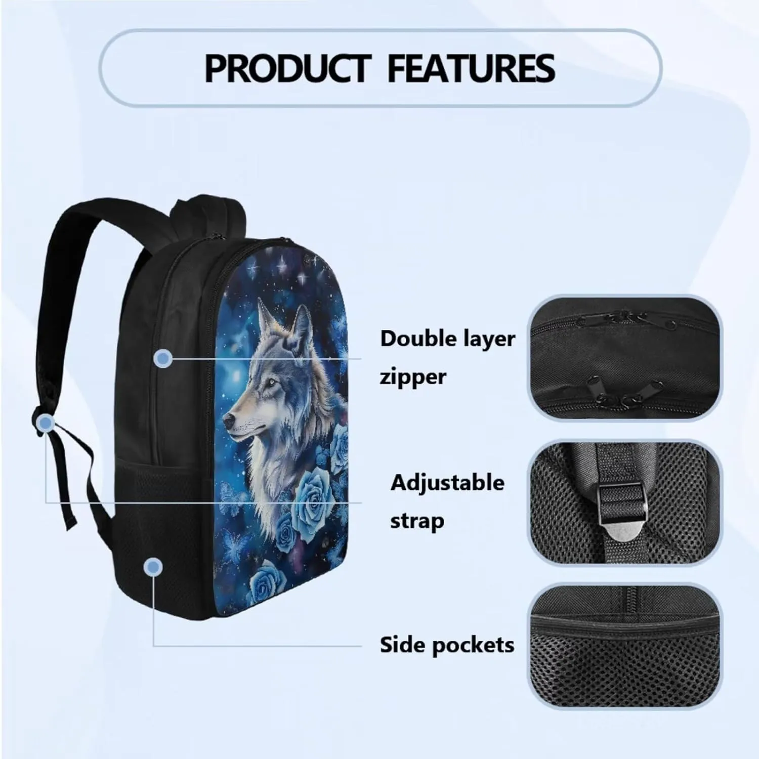 Blue Rose Wolf Teen Boys Backpack Lunch Box and Pencil Case Set Cool Bookbag Heavy Duty 3 Piece School Bag Set for School Ages 10-12 Daycare Primary Elementary Middle School