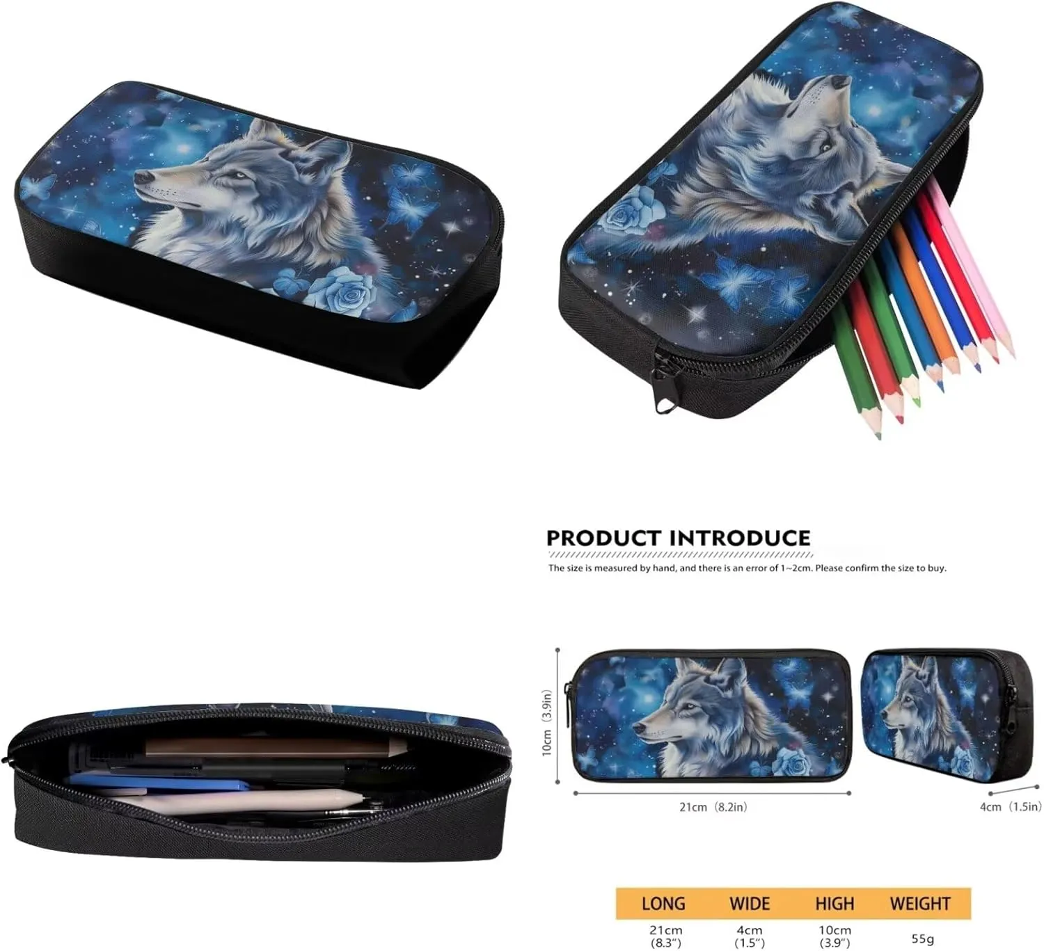 Blue Rose Wolf Teen Boys Backpack Lunch Box and Pencil Case Set Cool Bookbag Heavy Duty 3 Piece School Bag Set for School Ages 10-12 Daycare Primary Elementary Middle School