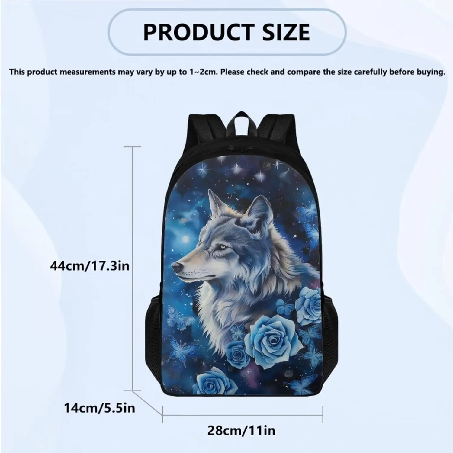 Blue Rose Wolf Teen Boys Backpack Lunch Box and Pencil Case Set Cool Bookbag Heavy Duty 3 Piece School Bag Set for School Ages 10-12 Daycare Primary Elementary Middle School