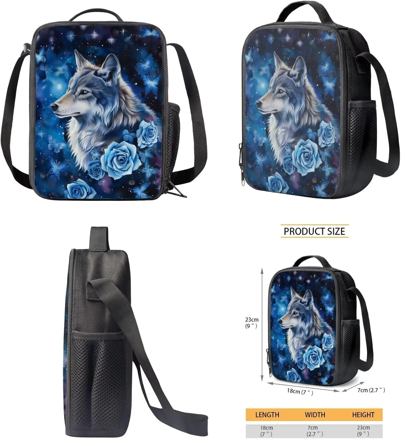 Blue Rose Wolf Teen Boys Backpack Lunch Box and Pencil Case Set Cool Bookbag Heavy Duty 3 Piece School Bag Set for School Ages 10-12 Daycare Primary Elementary Middle School