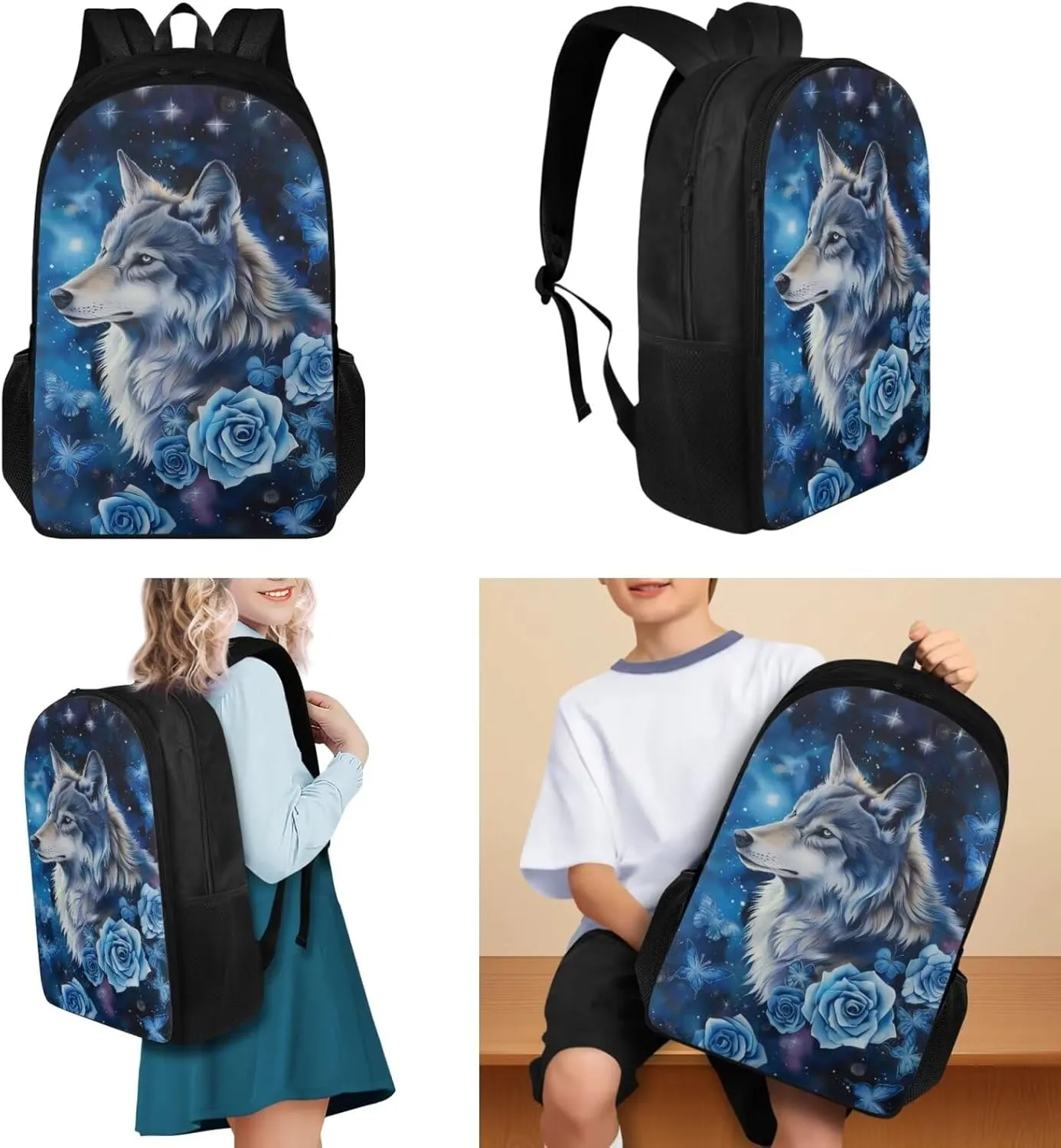 Blue Rose Wolf Teen Boys Backpack Lunch Box and Pencil Case Set Cool Bookbag Heavy Duty 3 Piece School Bag Set for School Ages 10-12 Daycare Primary Elementary Middle School