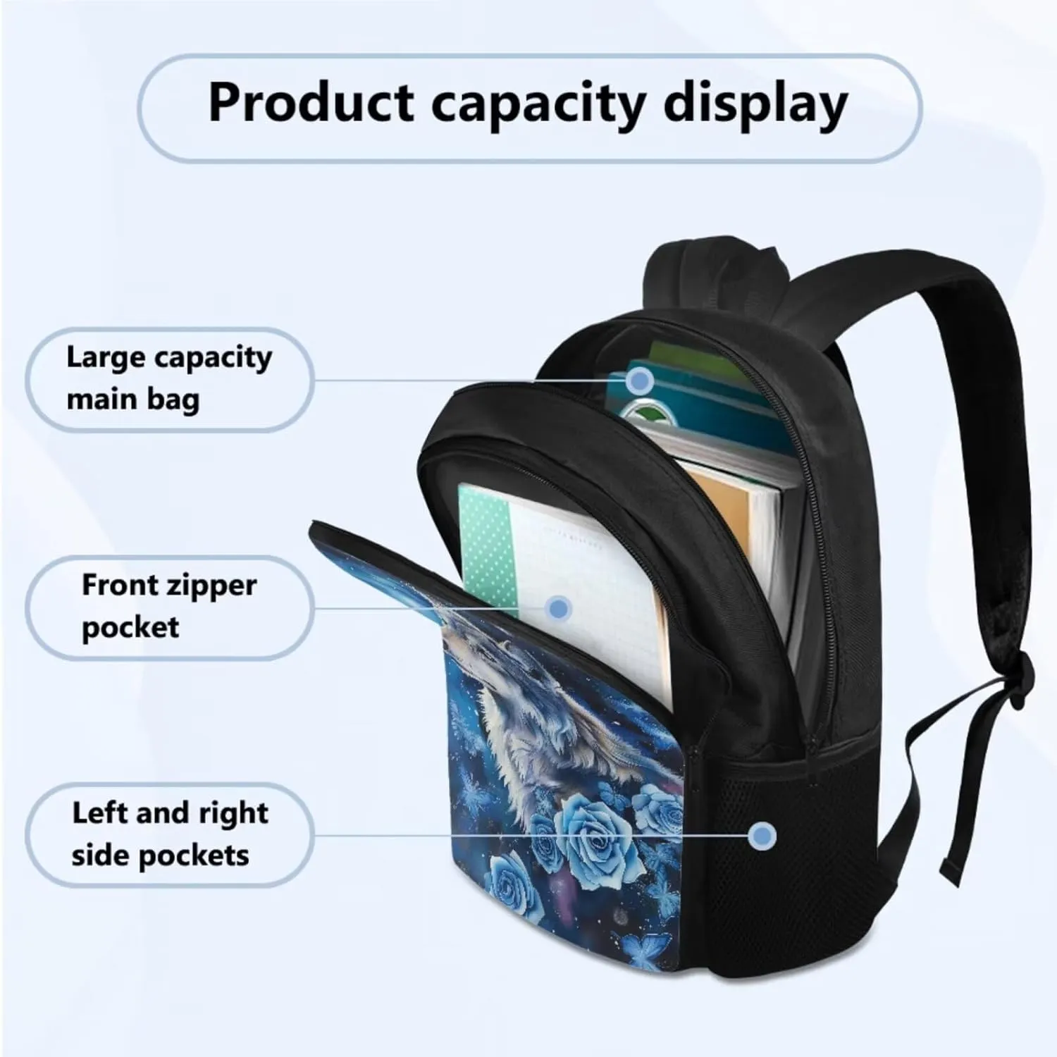 Blue Rose Wolf Teen Boys Backpack Lunch Box and Pencil Case Set Cool Bookbag Heavy Duty 3 Piece School Bag Set for School Ages 10-12 Daycare Primary Elementary Middle School