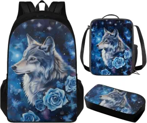 Blue Rose Wolf Teen Boys Backpack Lunch Box and Pencil Case Set Cool Bookbag Heavy Duty 3 Piece School Bag Set for School Ages 10-12 Daycare Primary Elementary Middle School