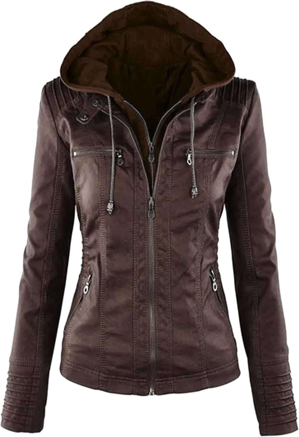 BOFETA Women Solid Color Long Sleeve Jackets Zipper Hooded Jacket Faux Leather Casual with Pockets Coat