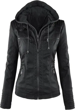 BOFETA Women Solid Color Long Sleeve Jackets Zipper Hooded Jacket Faux Leather Casual with Pockets Coat