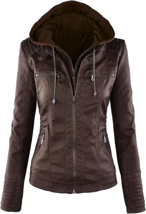 BOFETA Women Solid Color Long Sleeve Jackets Zipper Hooded Jacket Faux Leather Casual with Pockets Coat
